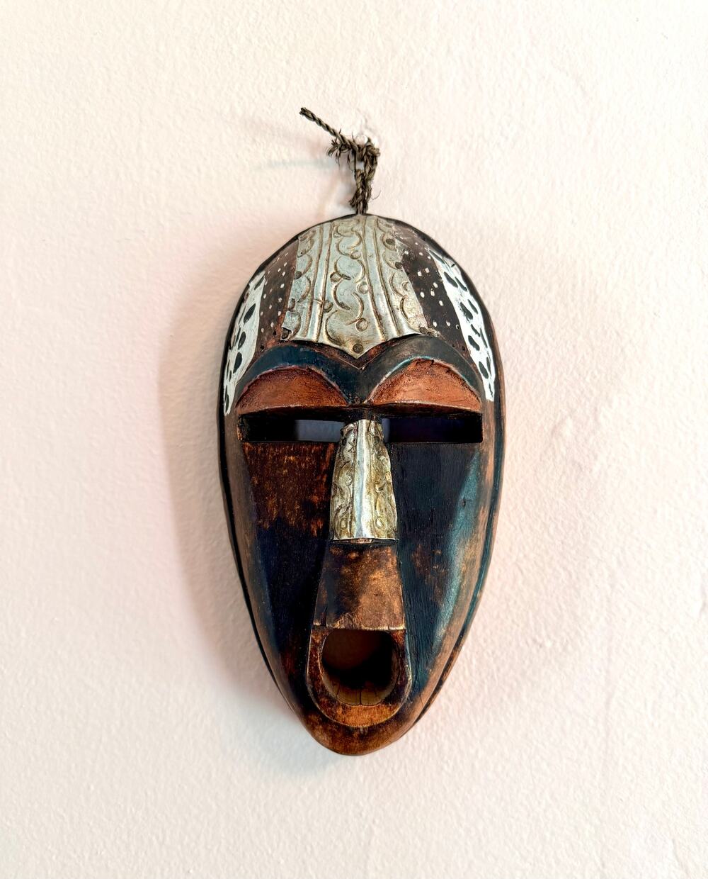Vintage Kenyan Wall Mask Carved Wood Embossed Metal Inlay African Wall Art